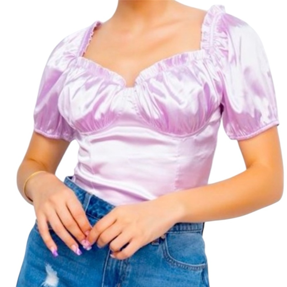 HAUTE MONDE Satin Ruffle Short Puff Sleeves Cropped Length Top Size: S